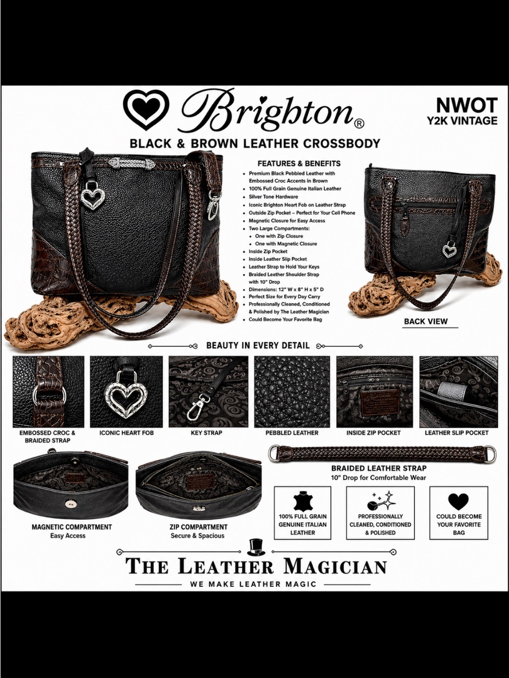 Brighton Leather Crossbody Tote Black Brown Pebbled Croc Y2K NWOT